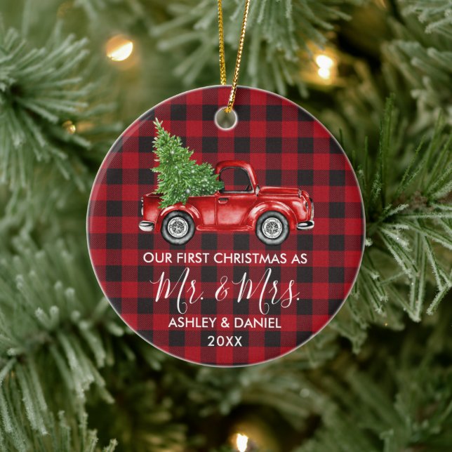 Calligraphy Mr. Mrs. Christmas Truck Red Plaid Ceramic Ornament (Tree)