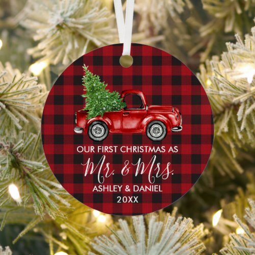 Calligraphy Mr Mrs Christmas Truck Red Plaid Metal Ornament