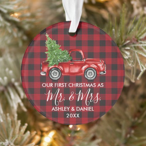 Calligraphy Mr Mrs Christmas Truck Red Plaid Ornament