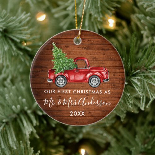 Calligraphy Mr Mrs First Christmas Wood Truck Ceramic Ornament