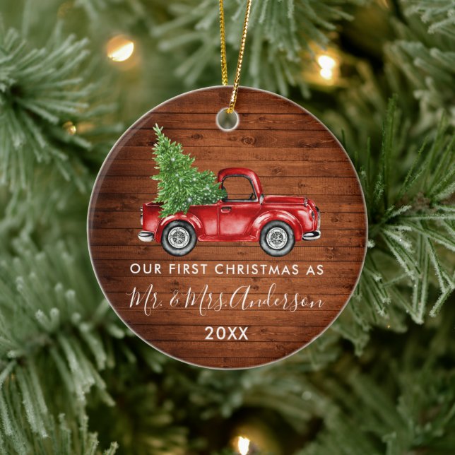 Calligraphy Mr. Mrs. First Christmas Wood Truck Ceramic Ornament (Tree)
