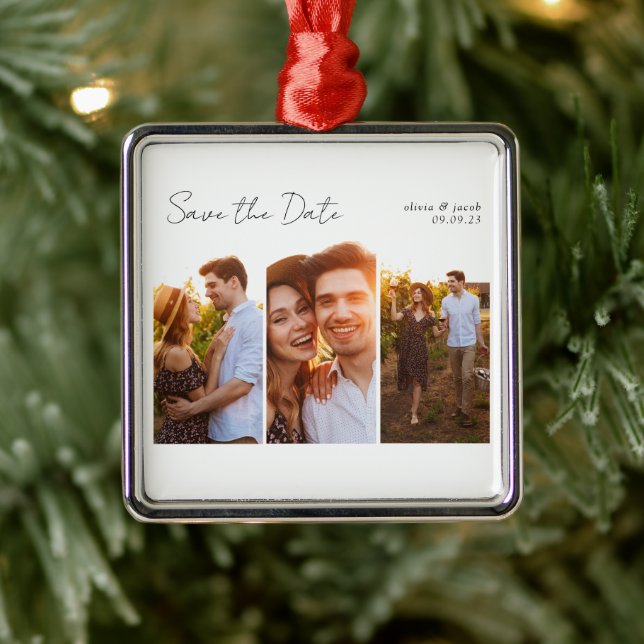 Calligraphy Multi Photo Save the Date  Metal Ornament (Tree)