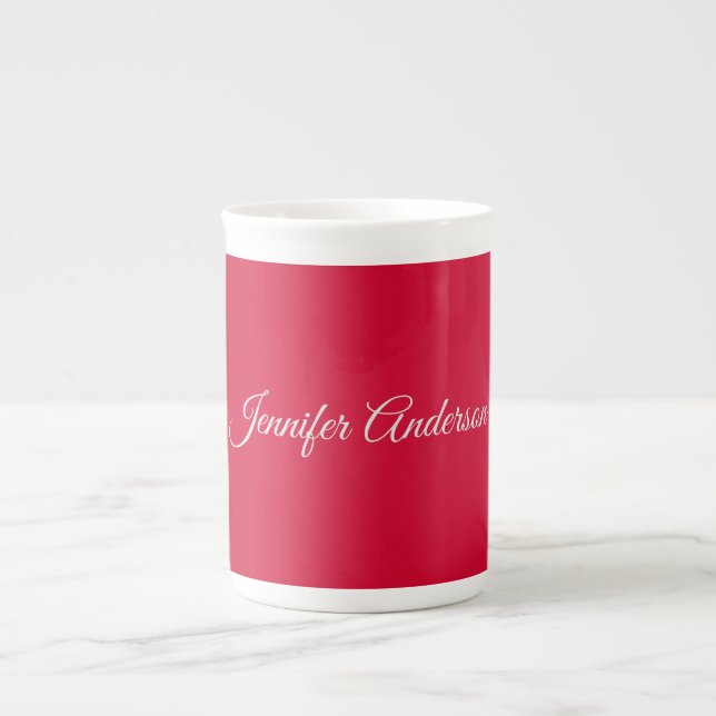 Calligraphy Name Elegant Cherry Red Personalized Bone China Mug (Front)