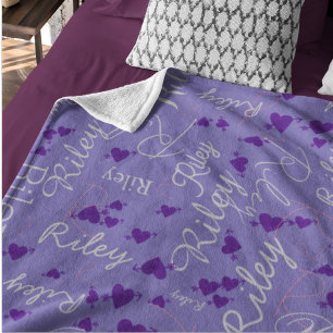 Calligraphy Name Initial Purple Hearts Periwinkle Fleece Blanket