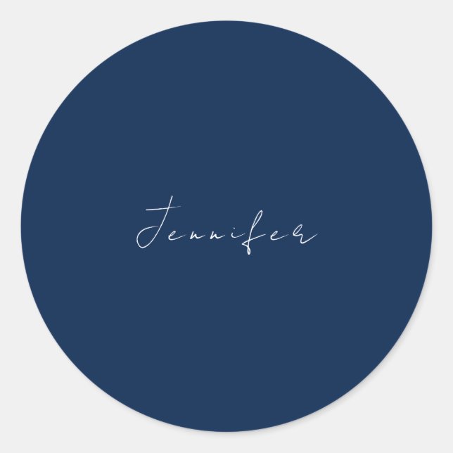 Calligraphy name professional plain dark blue classic round sticker (Front)