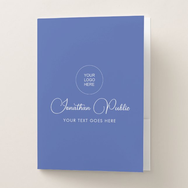 Calligraphy Name Text Upload Logo Medium Blue Pocket Folder (Front)
