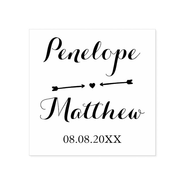 Calligraphy Names & Heart and Arrows Wedding Date Rubber Stamp (Imprint)