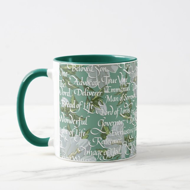 Calligraphy Names of Christ || Soft Green Mug (Left)