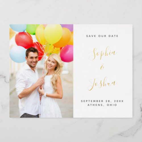 Calligraphy Names Photo Save the Date Gold Foil Invitation Postcard