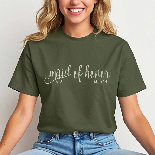 Calligraphy Natural on Fatique Maid of Honor T-Shirt (Natural on Fatigue Green Maid of Honor Tshirt)