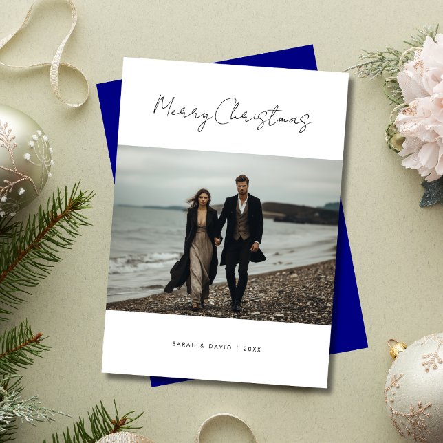 Calligraphy Nautical Navy Christmas Photo Beach Holiday Card (Creator Uploaded)