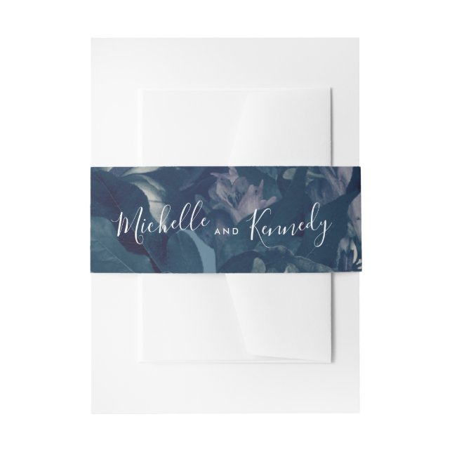 Calligraphy Navy Antique Bouquet Wedding Invitation Belly Band (Front Example)