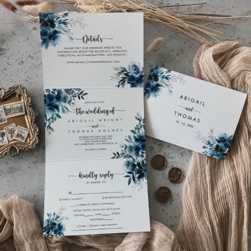 Calligraphy Navy Blue Floral Wedding Tri_Fold Invitation