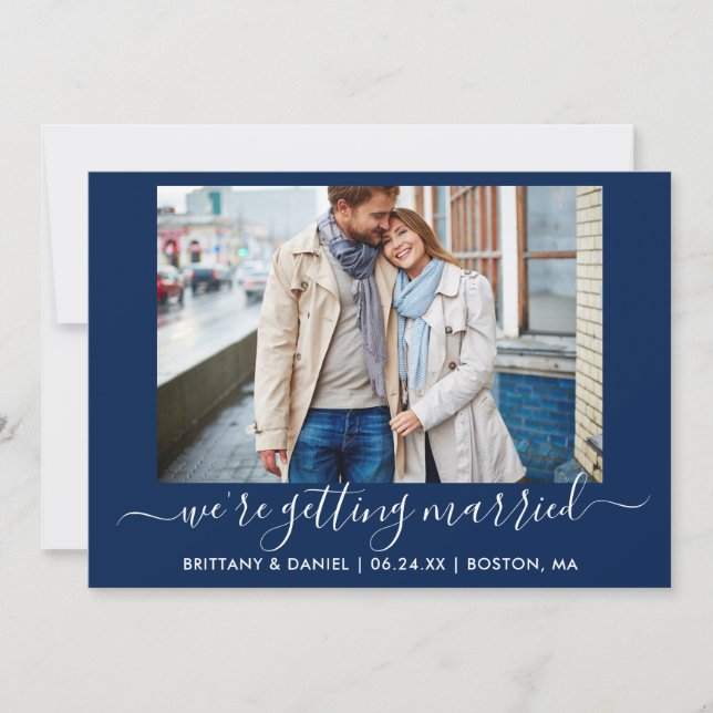 Calligraphy Navy Blue Getting Married  Save The Date (Front)