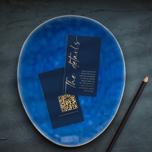 Calligraphy Navy Blue Gold QR Code Wedding Details Enclosure Card