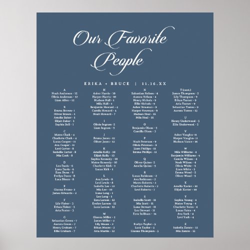 Calligraphy Navy Blue Printable Seating Chart