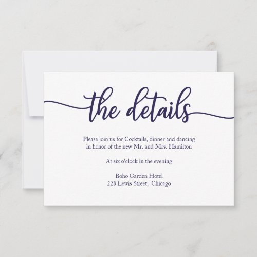 Calligraphy Navy Blue White Wedding Details Card