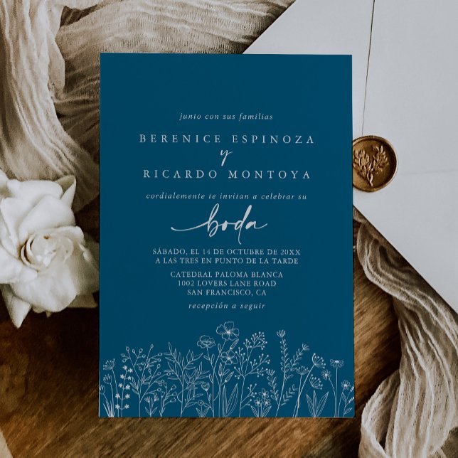 Calligraphy Navy Wildflower Spanish Wedding  Invitation (Creator Uploaded)