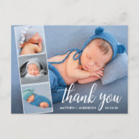 Calligraphy New Baby 4 Photo Collage Thank You Postcard