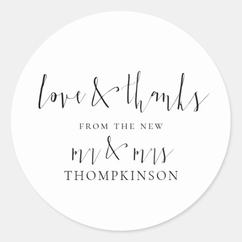 Calligraphy New Mr and Mrs Love and Thanks Classic Round Sticker