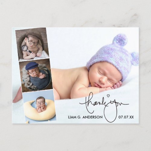 Calligraphy Newborn Baby 4 Photo Thank You Postcard