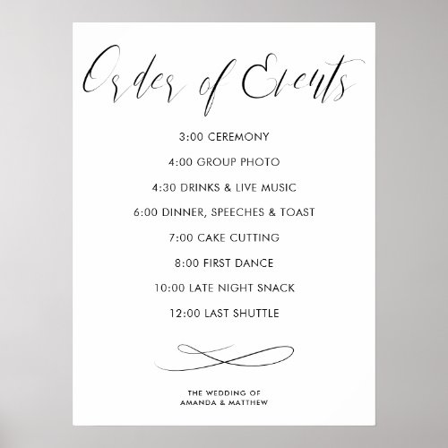 Calligraphy Order of Events Wedding Timeline Poster