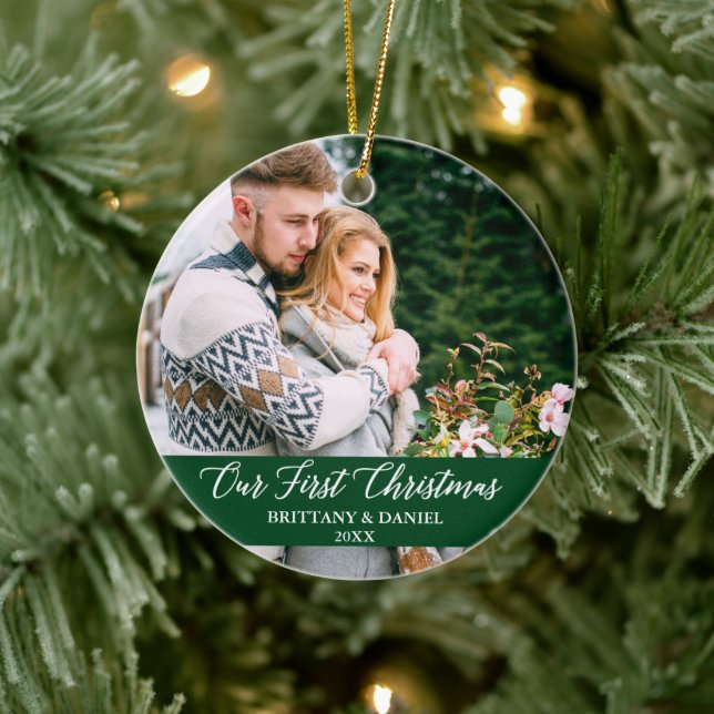 Calligraphy Our First Christmas Couple Green Ceramic Ornament (Tree)