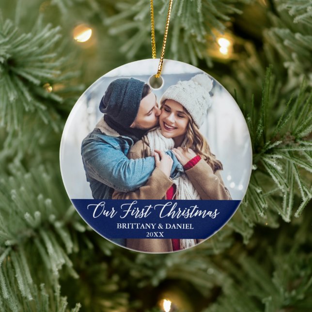 Calligraphy Our First Christmas Couple Photo Blue Ceramic Ornament (Tree)