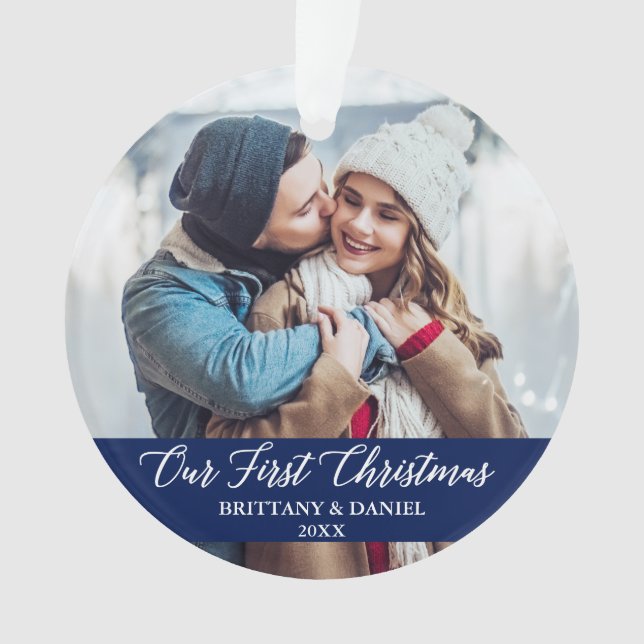 Calligraphy Our First Christmas Couple Photo Blue Ornament (Front)