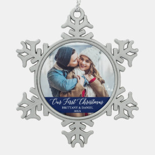 Calligraphy Our First Christmas Couple Photo Blue Snowflake Pewter Christmas Ornament
