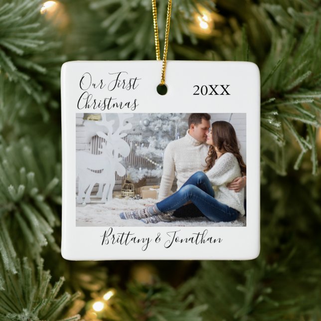 Calligraphy Our First Christmas Couple Photo  Ceramic Ornament (Tree)