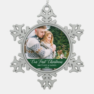 Calligraphy Our First Christmas Couple Photo Green Snowflake Pewter Christmas Ornament