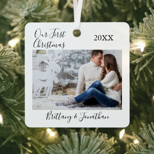 Calligraphy Our First Christmas Couple Photo Metal Ornament