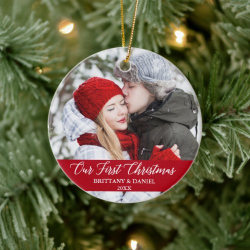 Calligraphy Our First Christmas Couple Photo Red Ceramic Ornament