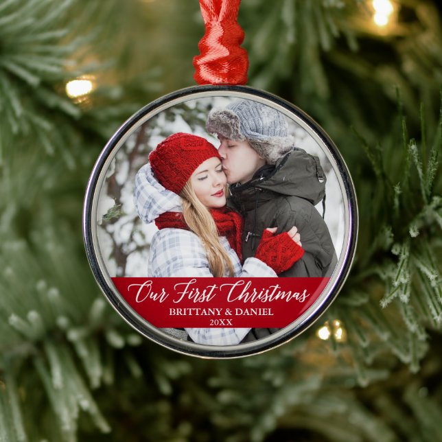 Calligraphy Our First Christmas Couple Photo Red Metal Ornament (Tree)