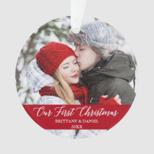 Calligraphy Our First Christmas Couple Photo Red Ornament