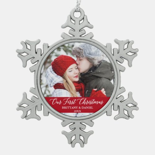 Calligraphy Our First Christmas Couple Photo Red Snowflake Pewter Christmas Ornament