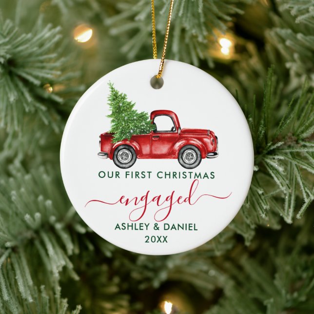 Calligraphy Our First Christmas Engaged Red Truck Ceramic Ornament (Tree)