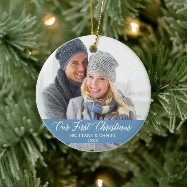Calligraphy Our First Christmas Photo Light Blue Ceramic Ornament (Tree)