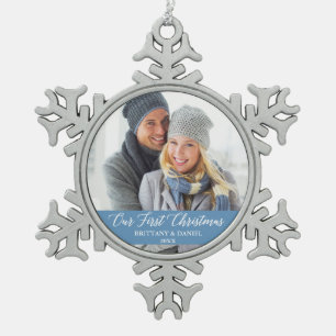 Calligraphy Our First Christmas Photo Light Blue Snowflake Pewter Christmas Ornament