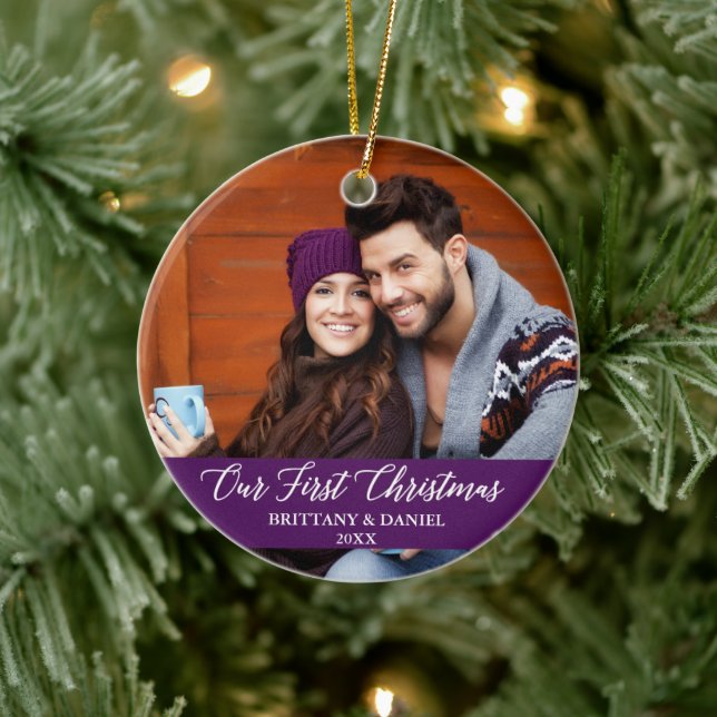 Calligraphy Our First Christmas Photo Purple Ceramic Ornament (Tree)