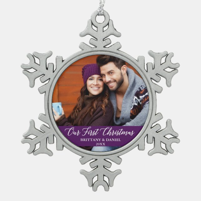 Calligraphy Our First Christmas Photo Purple Snowflake Pewter Christmas Ornament (Front)