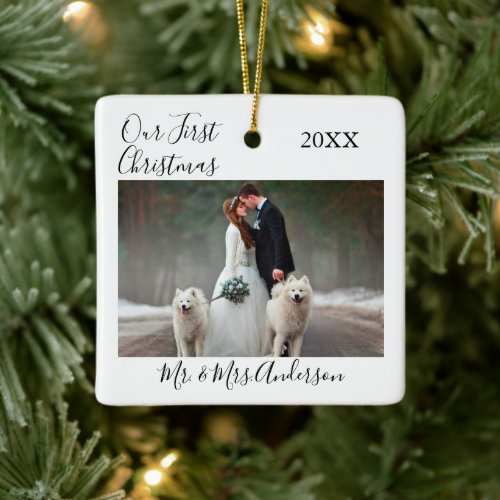 Calligraphy Our First Christmas Photo Wedding Ceramic Ornament