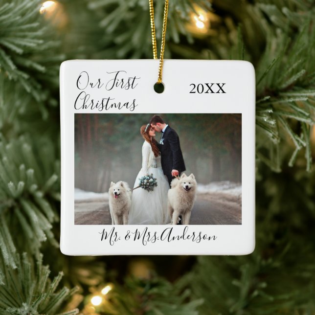 Calligraphy Our First Christmas Photo Wedding Ceramic Ornament (Tree)