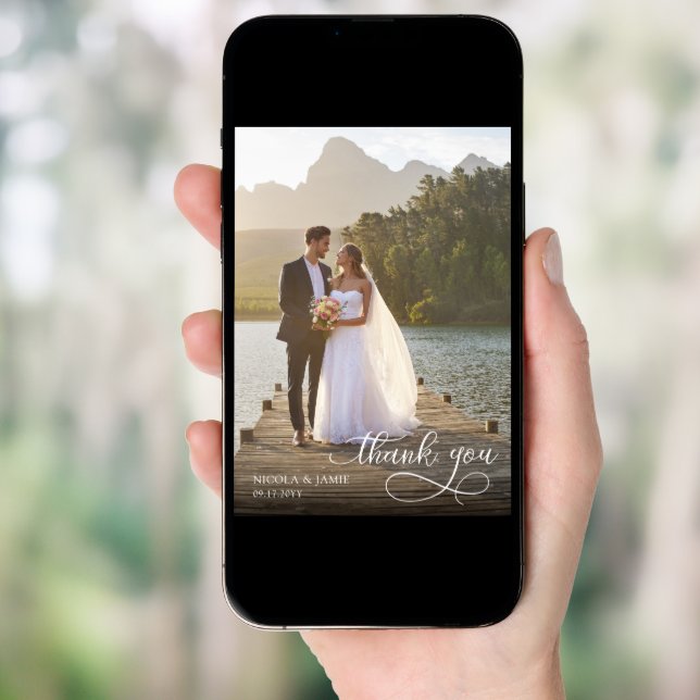 Calligraphy Overlay 2 Wedding Photo Thank You Card (Front Digital)