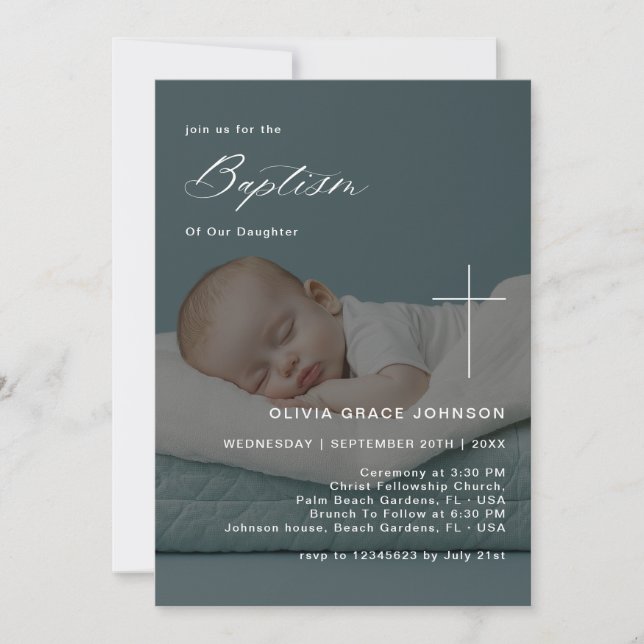Calligraphy Overlay Photo Gender Neutral Baptism Invitation (Front)