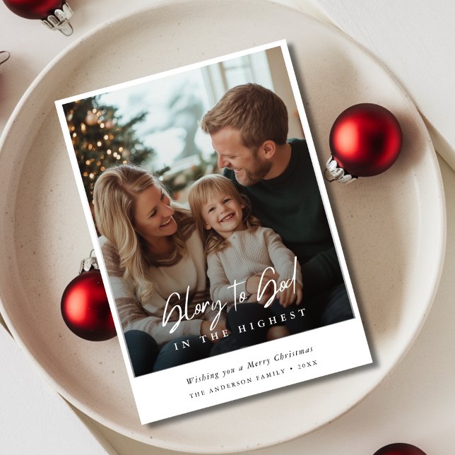Calligraphy Overlay Photo Glory To God Christmas Holiday Card (Creator Uploaded)
