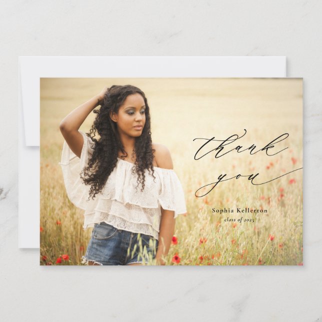 Calligraphy Overlay Photo Graduation Thank You Card (Front)