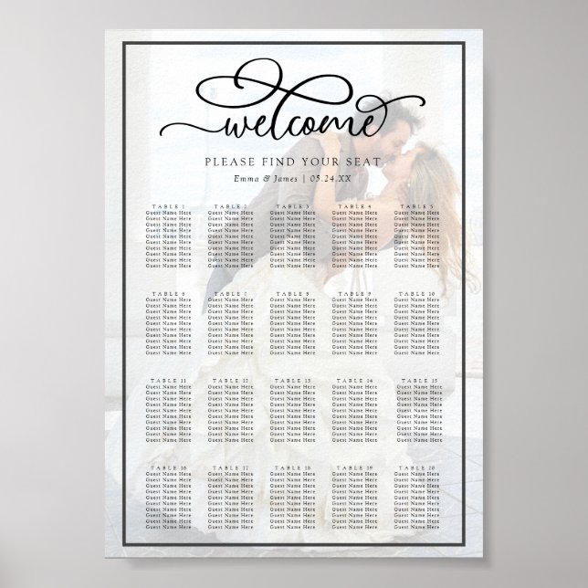  Calligraphy Overlay Photo Wedding Seating Chart (Front)