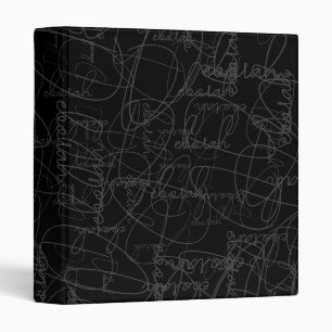 Calligraphy Pattern of Gray Signatures on Black 3 Ring Binder